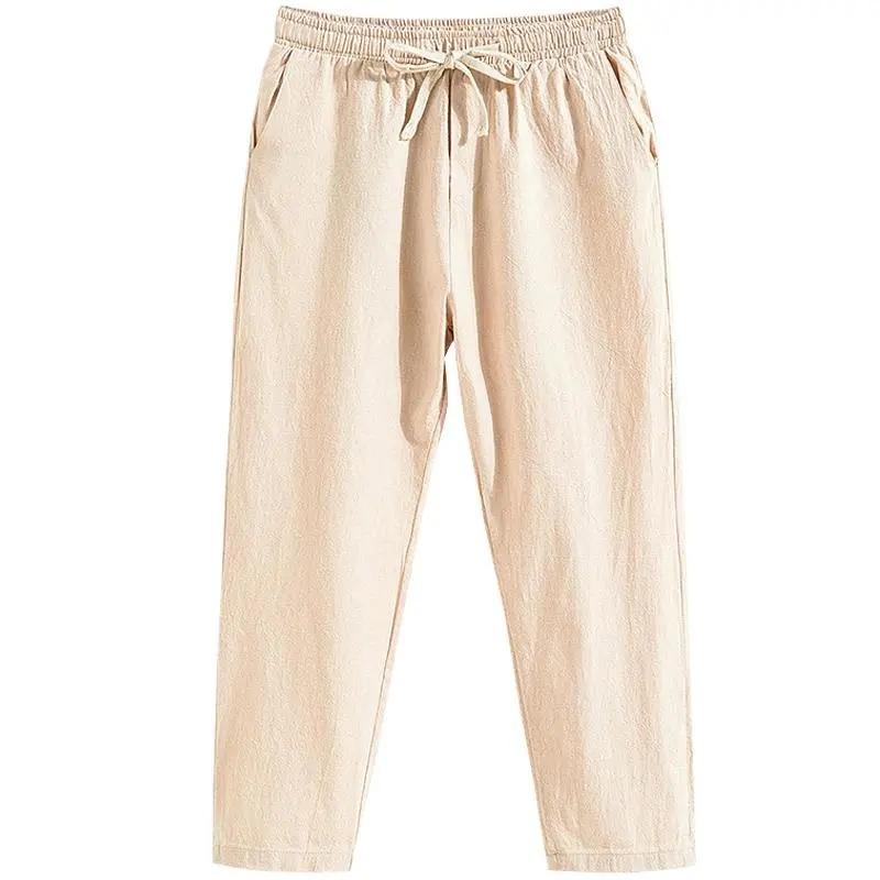 Men's Summer Linen Ninth Pants Loose Straight Casual Trousers Thin Cotton Linen Pants Youth Sweatpants Adjustable Elastic Waist Pants