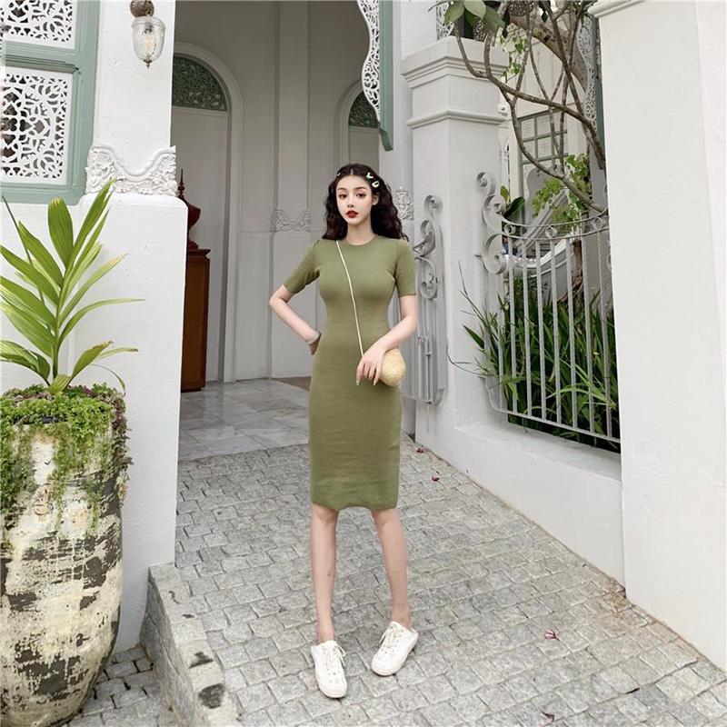 Ladies Sexy Short Sleeves Mid-lengthTight-fitting Stretch-wrapped Hip Skirt Waist Slim Dress