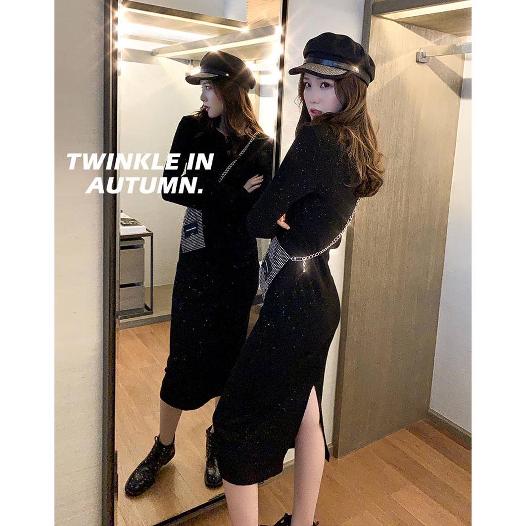 Shiny Long Sleeved Black Dress Sexy Slim Female Knee Length Dress Solid Elegant Party Dress Night