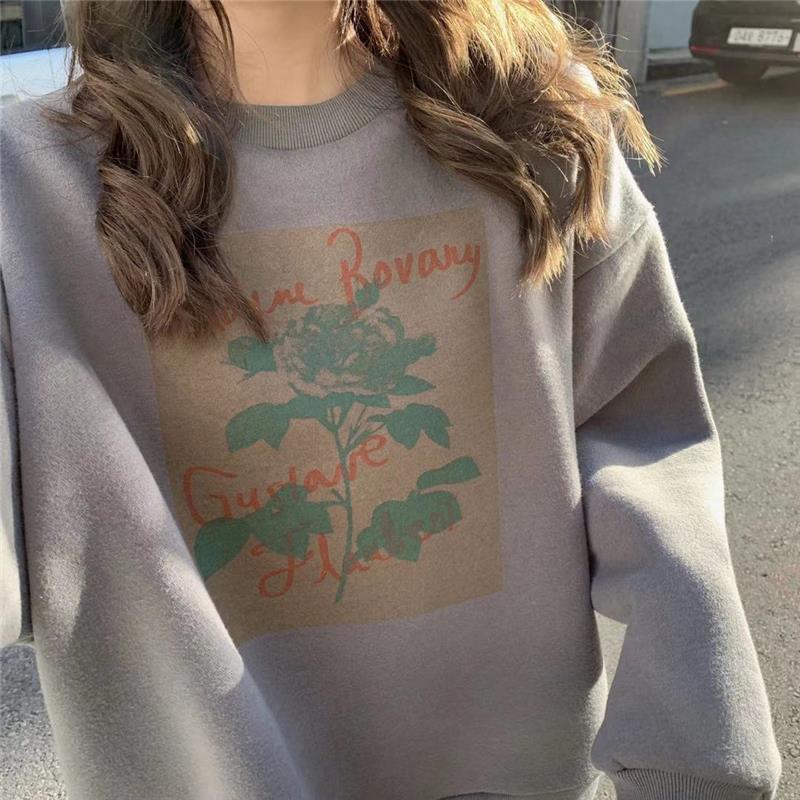 Spring Fall Polyester Flowers Printing Women Sweatshirt Loose O Neck Ladies Chic Female Pullovers