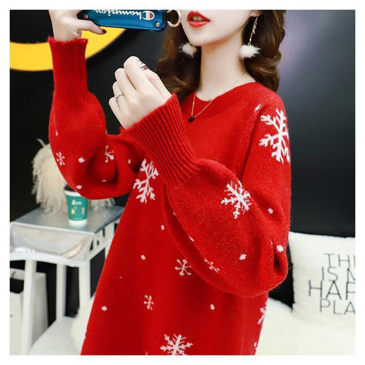 Autumn and Winter Fashion Trend Snowflake Women's Sweater Dress Loose-fitting Mini Sexy Blouse