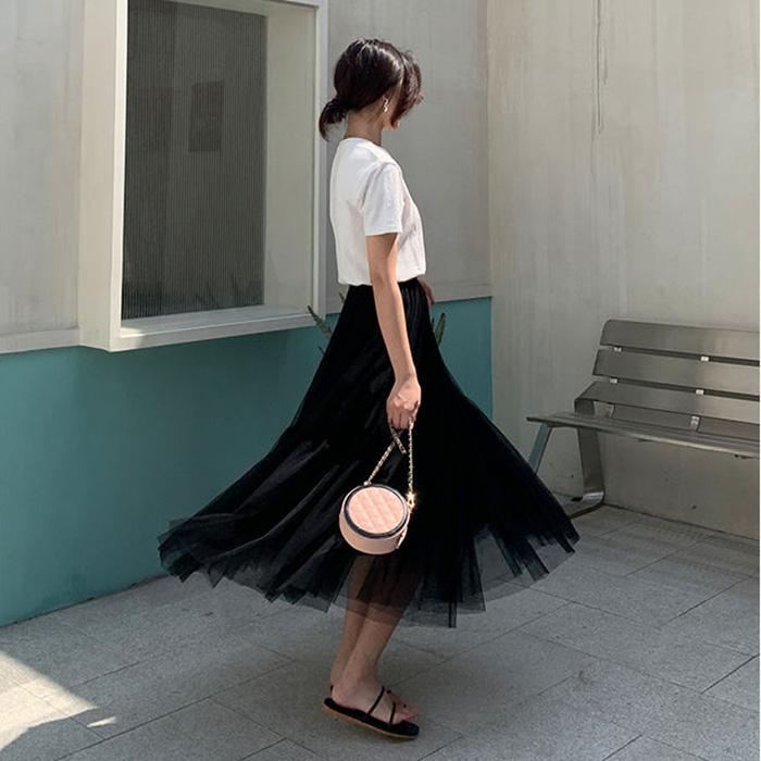 Three Layers Yarn Skirt Woman's Mid-length Elastic Waist Lace High Waist A-line Skirt Pleated Skirt  Fairy Tutu