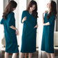 Ladies Dress Solid Color Five-quarter Sleeves Spring and Summer V-neck Large Pockets Pure Cotton Sweat-absorbing Soft and Comfortable