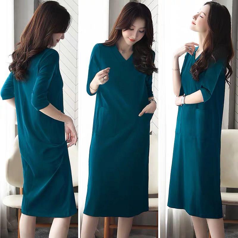 Ladies Dress Solid Color Five-quarter Sleeves Spring and Summer V-neck Large Pockets Pure Cotton Sweat-absorbing Soft and Comfortable