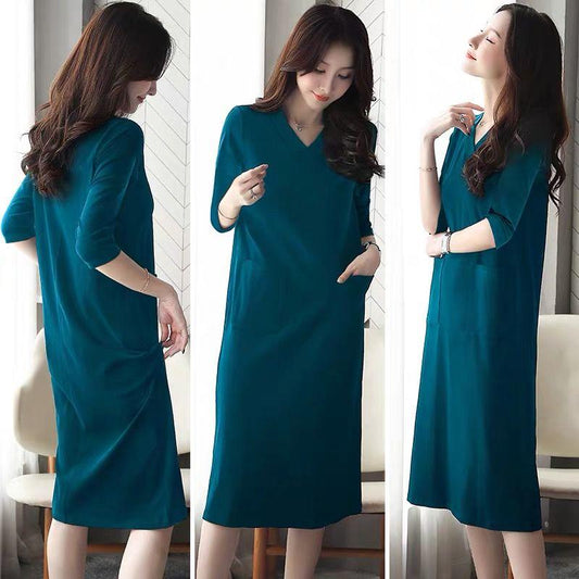 Ladies Dress Solid Color Five-quarter Sleeves Spring and Summer V-neck Large Pockets Pure Cotton Sweat-absorbing Soft and Comfortable