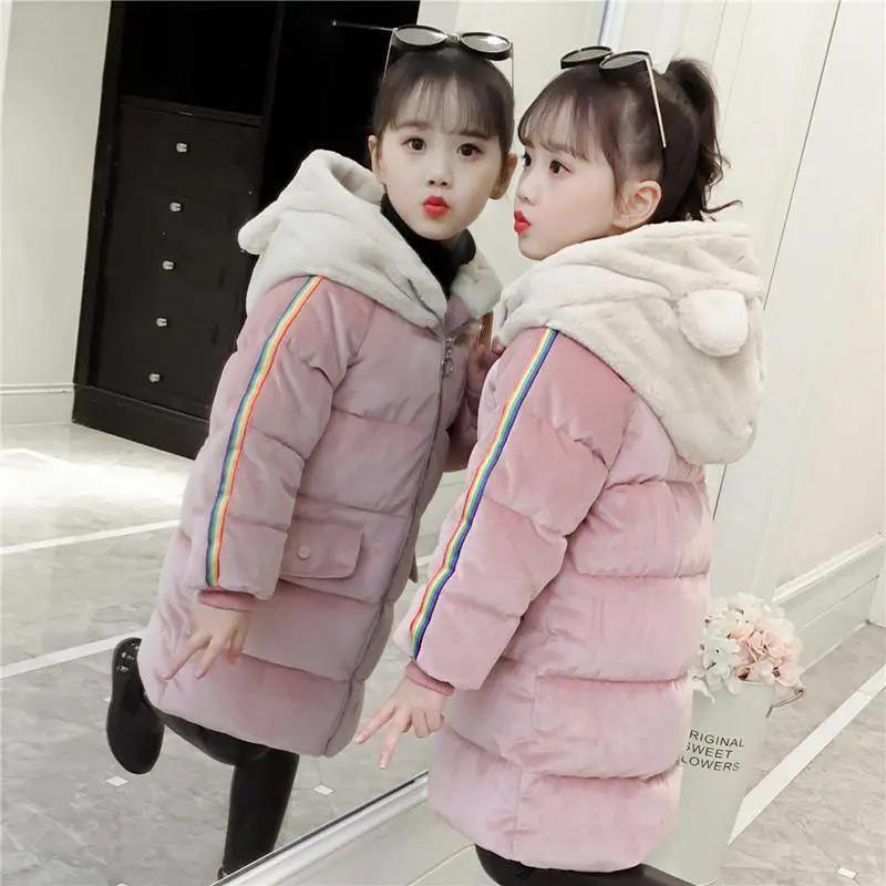 Girls In The Winter Long Thick Padded Coat The Big Boy In The Autumn and Winter Style Padded Jacket with Rabbit Ears Hooded Top