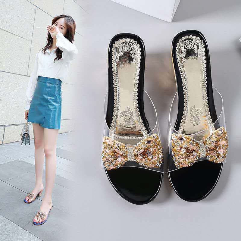 Sandals and Slippers for Women's Outer Wear Fashion Crystal Thick Heel Comfortable Sequins Rhinestone Bow Female Summer Sandals and Slippers