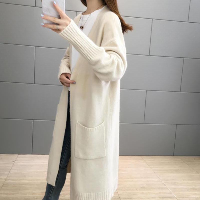 Spring and Autumn Casual Thick Sweater Mid-length Knitted Cardigan Jacket Pure Color Simple Female Top