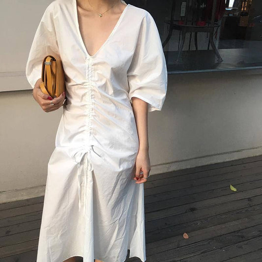 Elegant Chic Summer Drawstring V-Neck Women Pleated Retro Solid Short Sleeve Sexy Ladies Long Dress