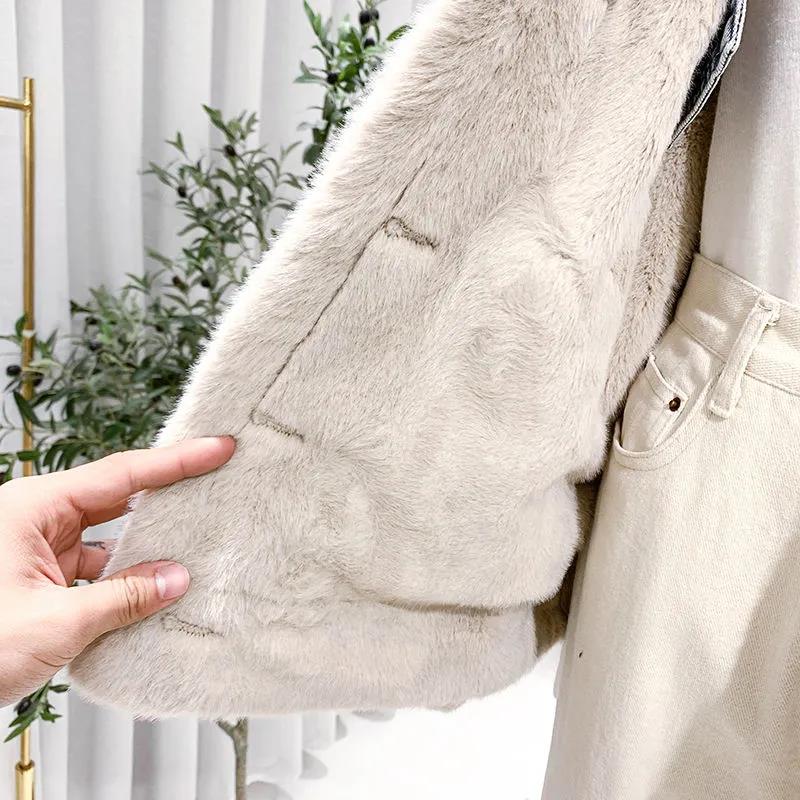 Loose and Versatile Furry Jacket Women Casual Single-breasted Two-sided Denim Jacket Ladies Warm Jacket Plus Fleece Denim Jacket