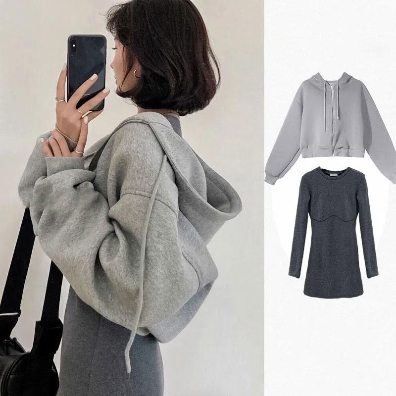 Women's Four Seasons Fried Street Suit Hooded Loose Sweater Jacket + Long Sleeve Slim Dress Two-piece Casual Suit Coat Skirt Sets