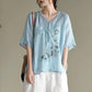 Women's Summer Embroidered Top V-Neck Short Sleeve Large Size Loose T-Shirt