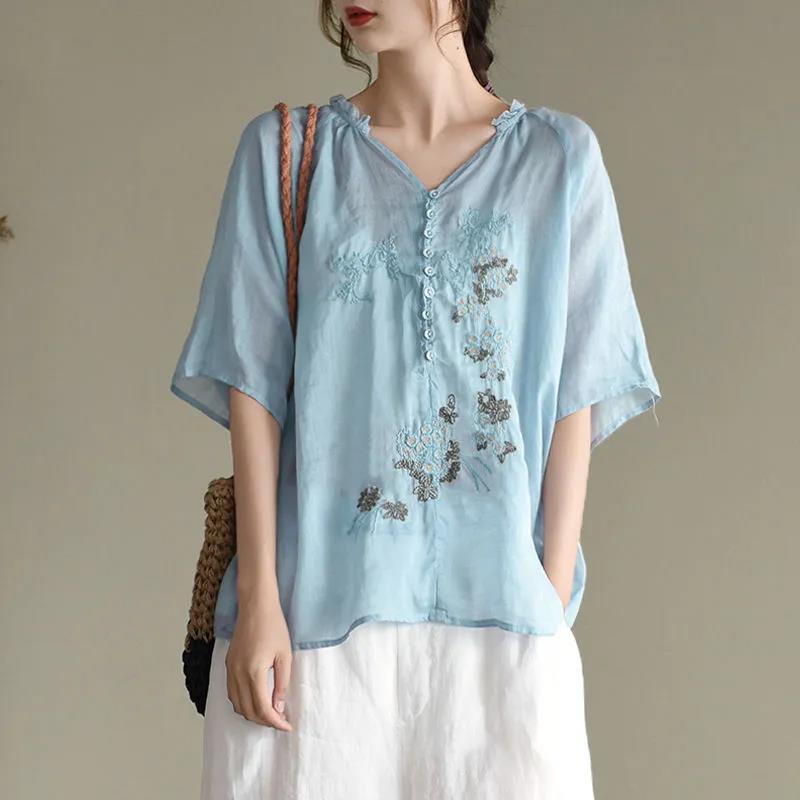 Women's Summer Embroidered Top V-Neck Short Sleeve Large Size Loose T-Shirt