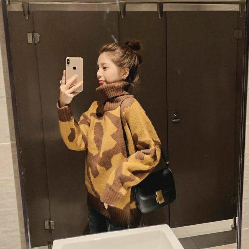 Pullover Net Red Sweater  Loose-fitting Sweater Top Winter Turtleneck Women's Leopard