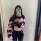 Diagonal Collar Loose Short Women Sweater Navel Contrast Stripe Long Sleeve Knit Sweater Casual Shirt