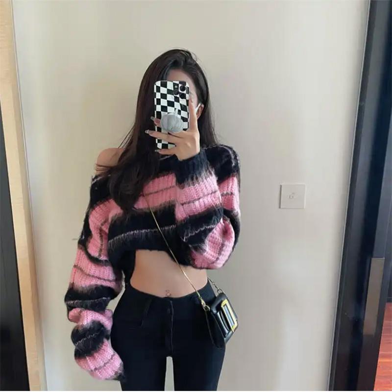 Diagonal Collar Loose Short Women Sweater Navel Contrast Stripe Long Sleeve Knit Sweater Casual Shirt
