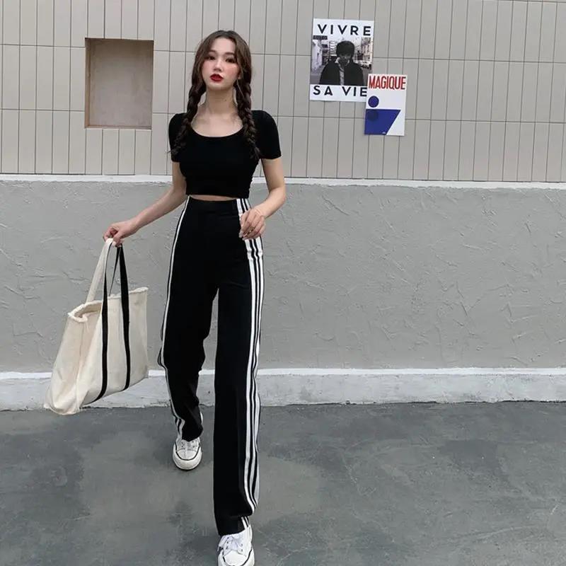 Hong Kong Style High Waist Casual Sports Wide-leg Pants Striped Wild Loose Straight Mopping Trousers Women