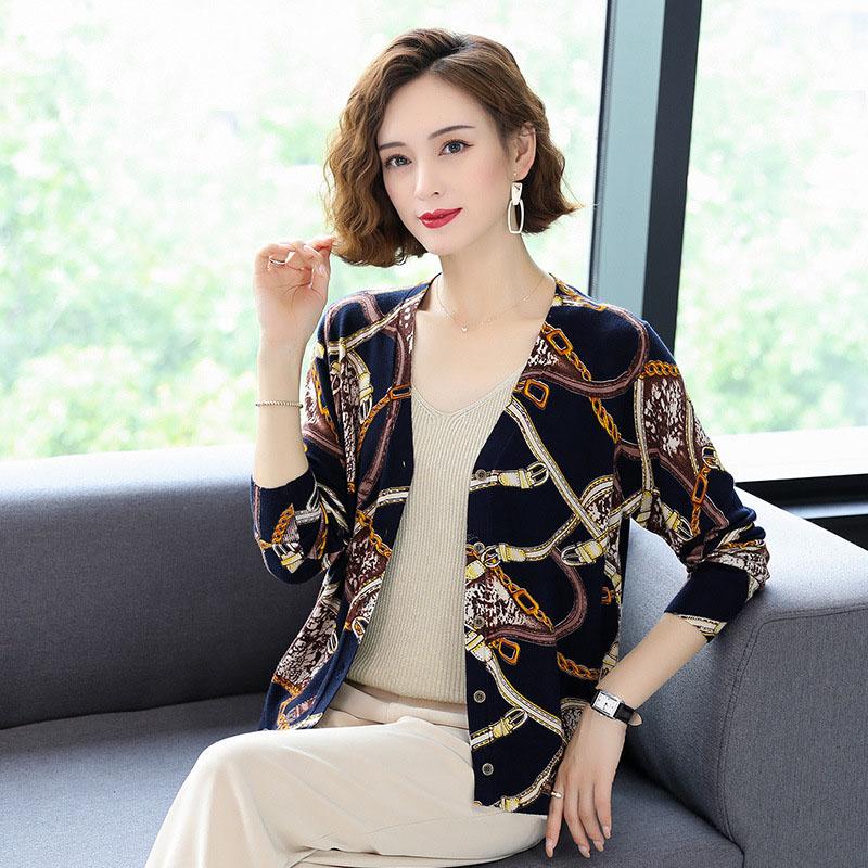 Women Printed  Cardigan Sweater Autumn Winter Long Sleeve V-Neck Casual Knitted Cardigan Elegant Female Tops Knit Jacket Coat