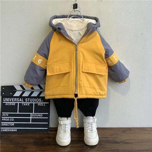 Boys' Autumn and Winter Clothes Thick Coats Tide Winter Foreign Children's Clothes Baby 4 Years Old Plus Velvet Handsome Tops