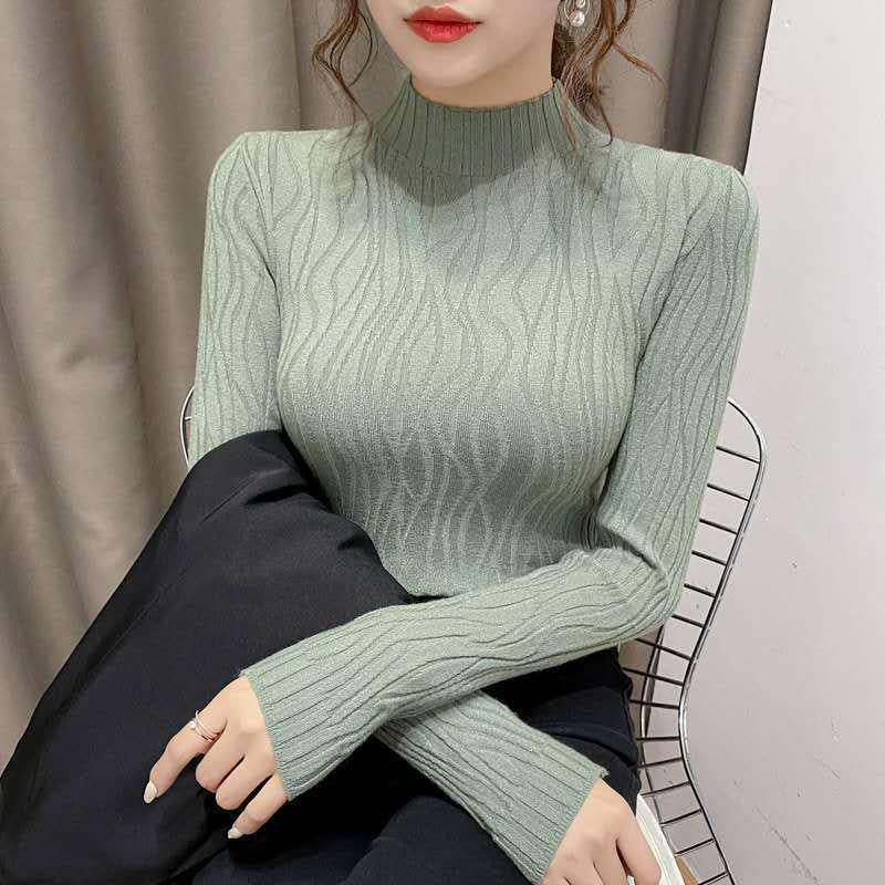 Autumn Winter Knitted High Neck Sweater Women's Solid Color Stretch Slim Bottoming Shirt All-mach Wrinkle Pullover Jumper Top
