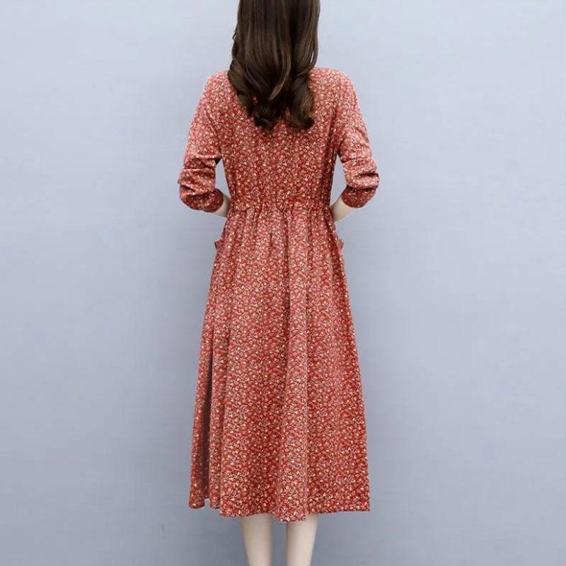 Women Floral Long Dress Casual Cotton Skirt Tight Waist Show Thin Bottom Dress Ethnic Long Sleeve Clothing