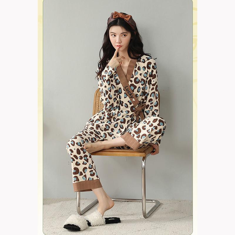 Women's Leopard-print Cotton Pajamas Set V-neck Long-sleeves Pyjama Set Japanese Kimono House Wear Loose Top Pants Two-piece Set