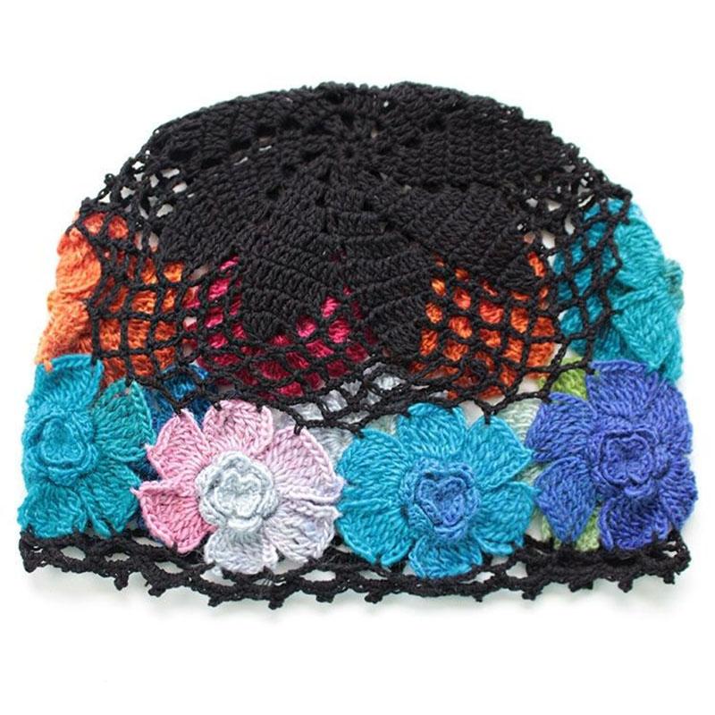 Gradient Stereo Flower Bag Head Hat Woman National Handmade Crochet Knit Hat Openwork Towel Hat
