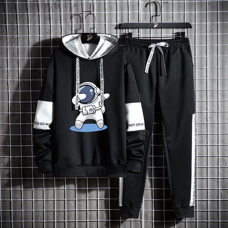 Spring Cartoon Sweater Suit Gangster Cat Teen Student Sports Suit Casual Hooded Pullover and Pants Men