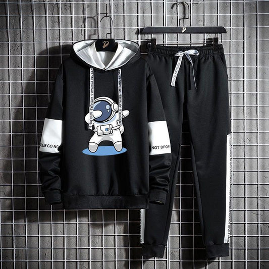 Spring Cartoon Sweater Suit Gangster Cat Teen Student Sports Suit Casual Hooded Pullover and Pants Men