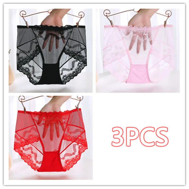 Black Plus Size Mid High Waist Panties Ladies Sexy Lace Mesh Seamless Transparent Ladies Briefs Transparent Hollow Out Panties
