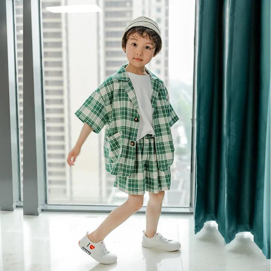 Boys Summer Suits Three-piece Suits Boys and Girls Suits Plaid Shorts Clothing