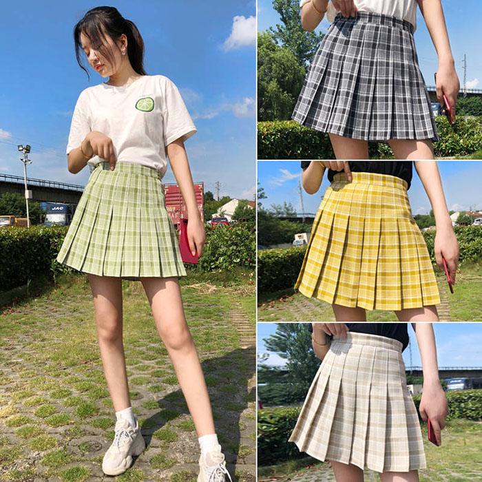 Summer Women Thin Sexy Anti-light Green Plaid Pleated Skirt Student High Waist Cute A-line Skirt