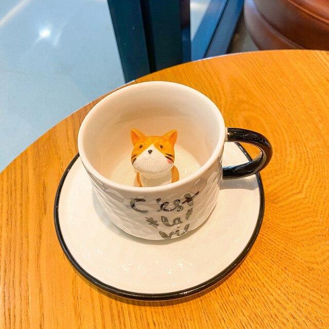 Cartoon Relief Ceramic Cup Small Animal Mug Cat Coffee Cup with Cup Dish Household Milk Cup Coffee Mug Mug Mugs Coffee Cups