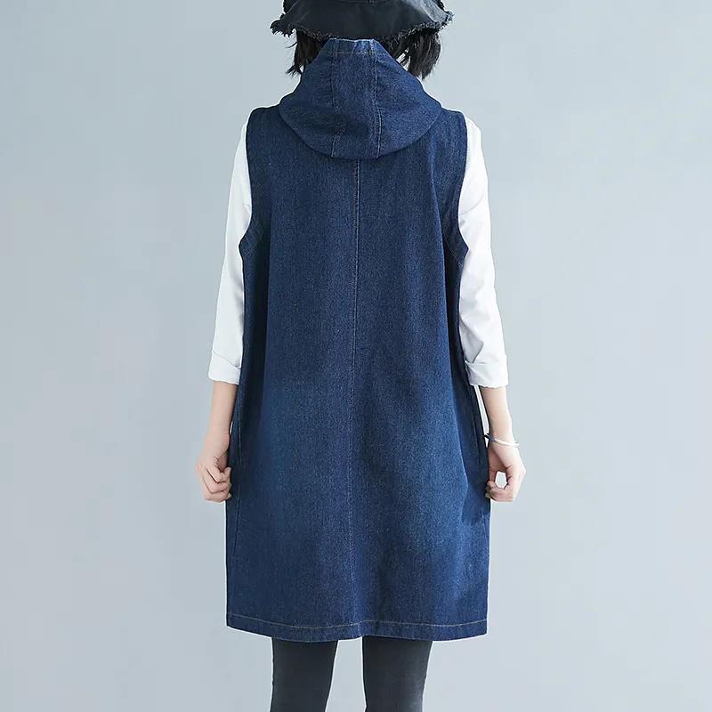 Large Size Denim Vest Women Spring and Autumn New Mid-length Casual Loose Hooded Waistcoat Jacket Hooded Zipper Jacket