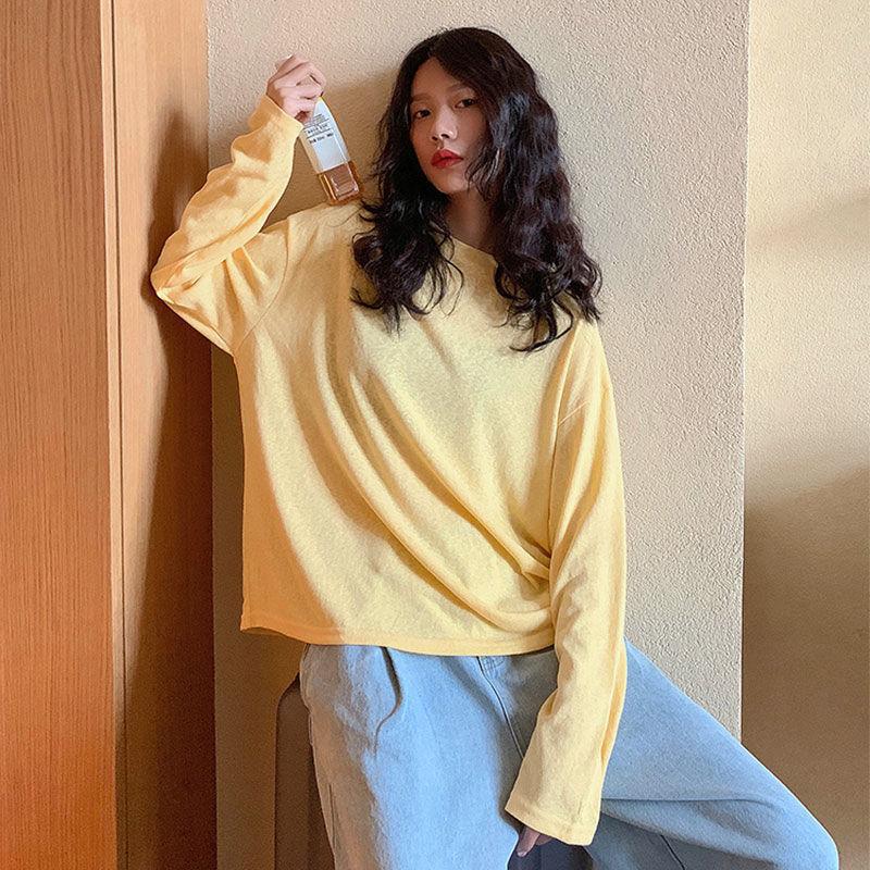 Fall Women's Round O-neck Autumn Long Sleeve Casual Loose T-shirt Blouse Pure color Leisure Tee