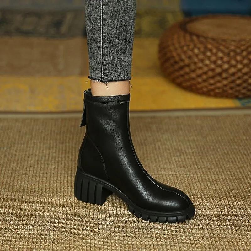 Martin Boots Woman Round Head Retro Boots Black Middle Boots Back Zipper Chelsea Boots Single Boots Spring and Autumn