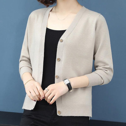Spring and Autumn Korean Style Top Loose V-neck Cardigan Sweater Short Slim Slimming All-match Sweater Coat Gown