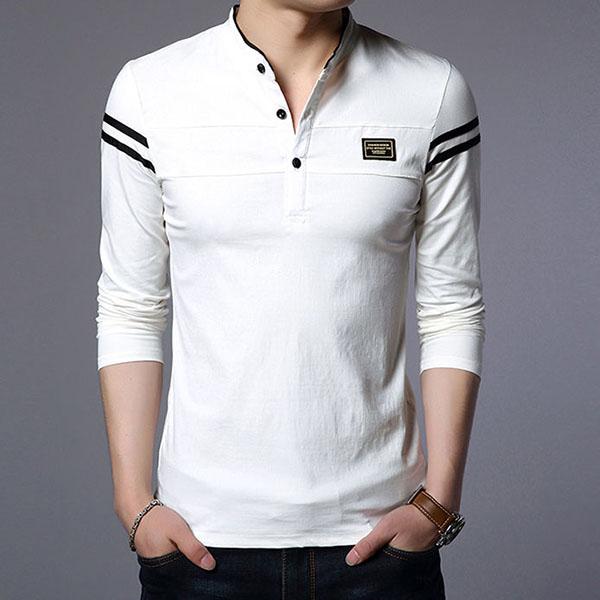 Men's Long-sleeved Polo Shirt Stand Collar Lapel Stripes Sweatshirt Bottoming Shirt Loose Casual Solid Color Shirt