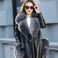 Winter Women's Mid-length Leather Jacket Plus Cotton and Velvet Warm Fur Coat with Faux Fox Fur Collar Windproof Leather Trench Coat Plus Size S-7XL