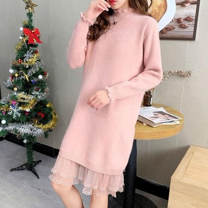 Autumn and Winter Long Lace Sweater Dress Casual Loose Knit Bottoming Shirt Pure Color Simple Female Sweater Dress
