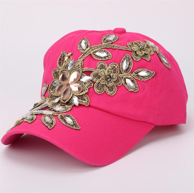 Spring New Shiny Fashion Women Diamond Flower Baseball Cap Lady Rhinestone Jean Ha