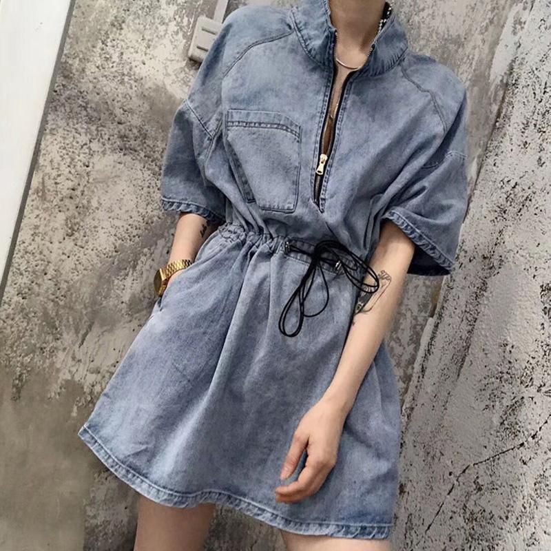 Sexy Women's Denim Dress Short Sleeve Stand-up collar Above The Knee Zipper Daily Wear Office Dating Party