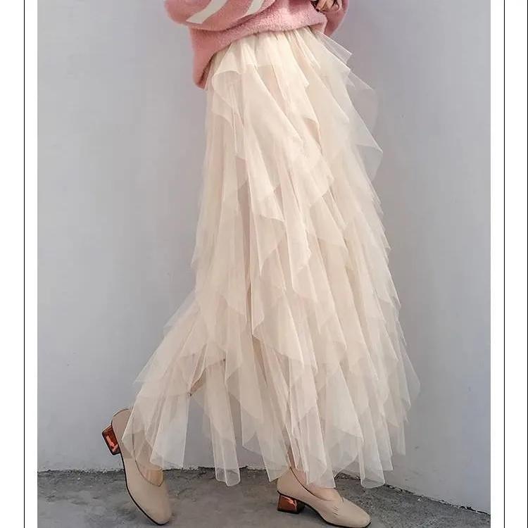 Spring Summer Sweet Cake Mesh Skirt Women's A-line Pleated Skirt Irregular Long Skirt Solid Color Fluffy Gauze Skirt Mid-length
