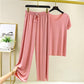 Ice Silk Pajamas Two-piece Short-sleeved Suit Women's Home Wear Casual Loose Wide-leg Pants Pajamas Fabric Light and Soft