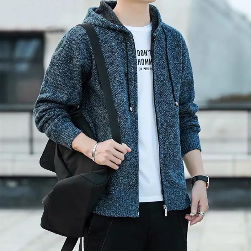Mens Plus Velvet Cardigan Padded  Men's Knitted Sweater Cardigan Korean Trend Handsome