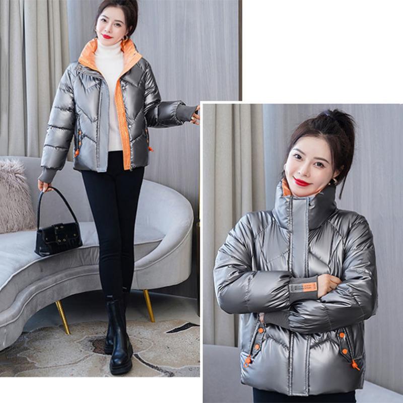 Women's Shiny Short Down Jacket Winter Korean Style Loose Quilted Jacket Casual Stand-collar Padded Jacket