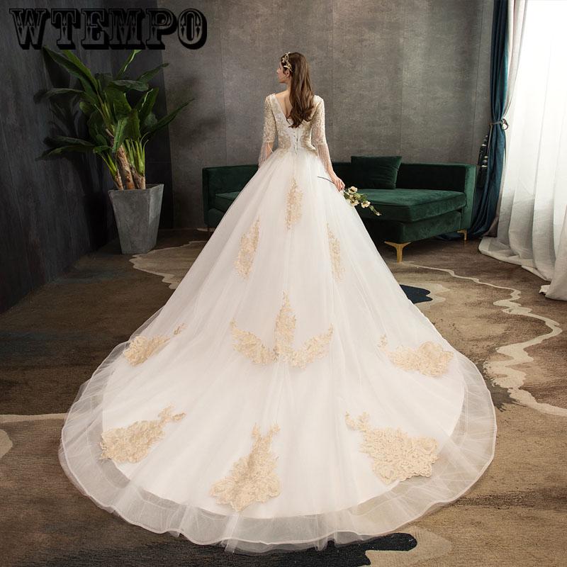 Gorgeous Ball Gown V Neck Lace Champagne embroidery Long Wedding Dresses Bridal Gown