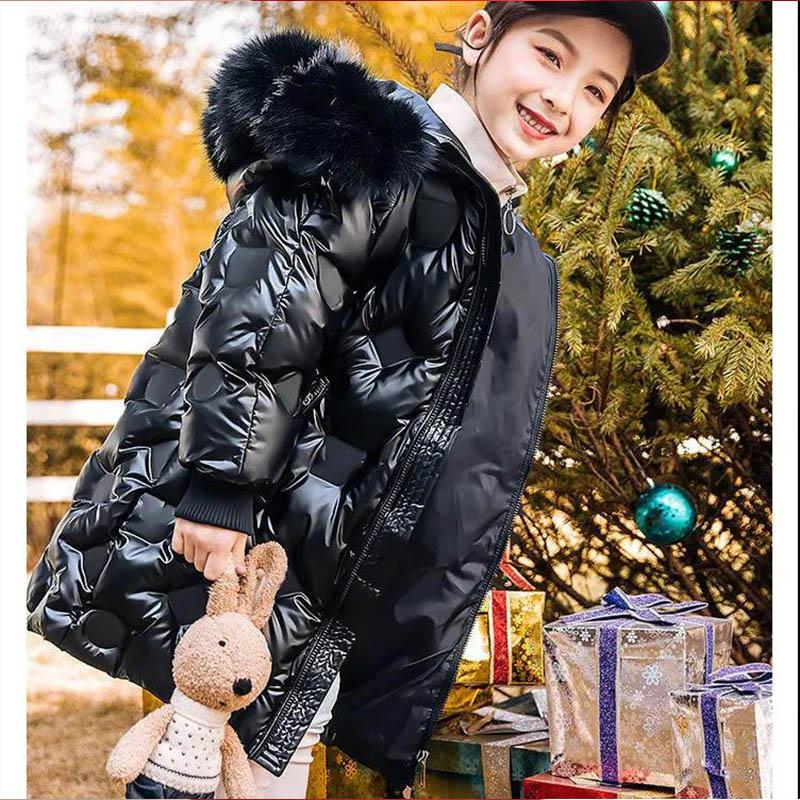 Children's Down Jacket Mid-length Shiny Face Girls Big Children Thickened Children's Winter Western-style Disposable Jacket