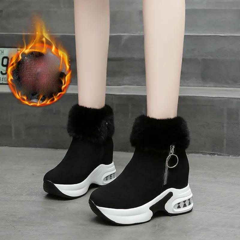 Winter Thick-soled Inner Heightening Plus Fleece Snow Boots High-top Side Zipper Canvas Women's Short Boots