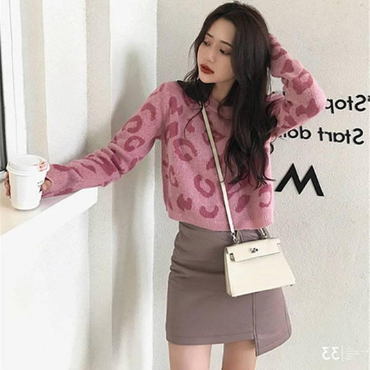 3 Colors Leopard O-neck Pullover Long Sleeve Short Twist Sweater Women Open Waist Knitwear